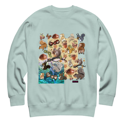 Unisex premium sweatshirt featuring a flying squirrel design from Eccentric Chemistry's Velocity Experiment collection, front view.