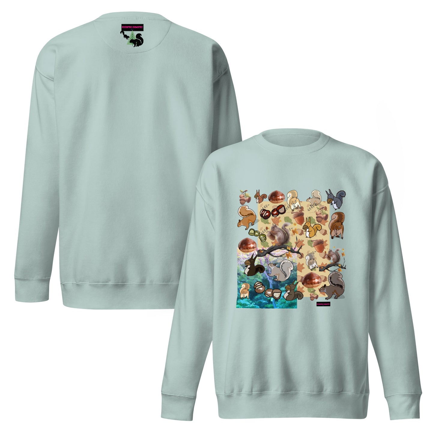Unisex premium sweatshirt featuring a flying squirrel design on front and back, by Eccentric Chemistry's Laboratory of Strange & Stylish Things.
