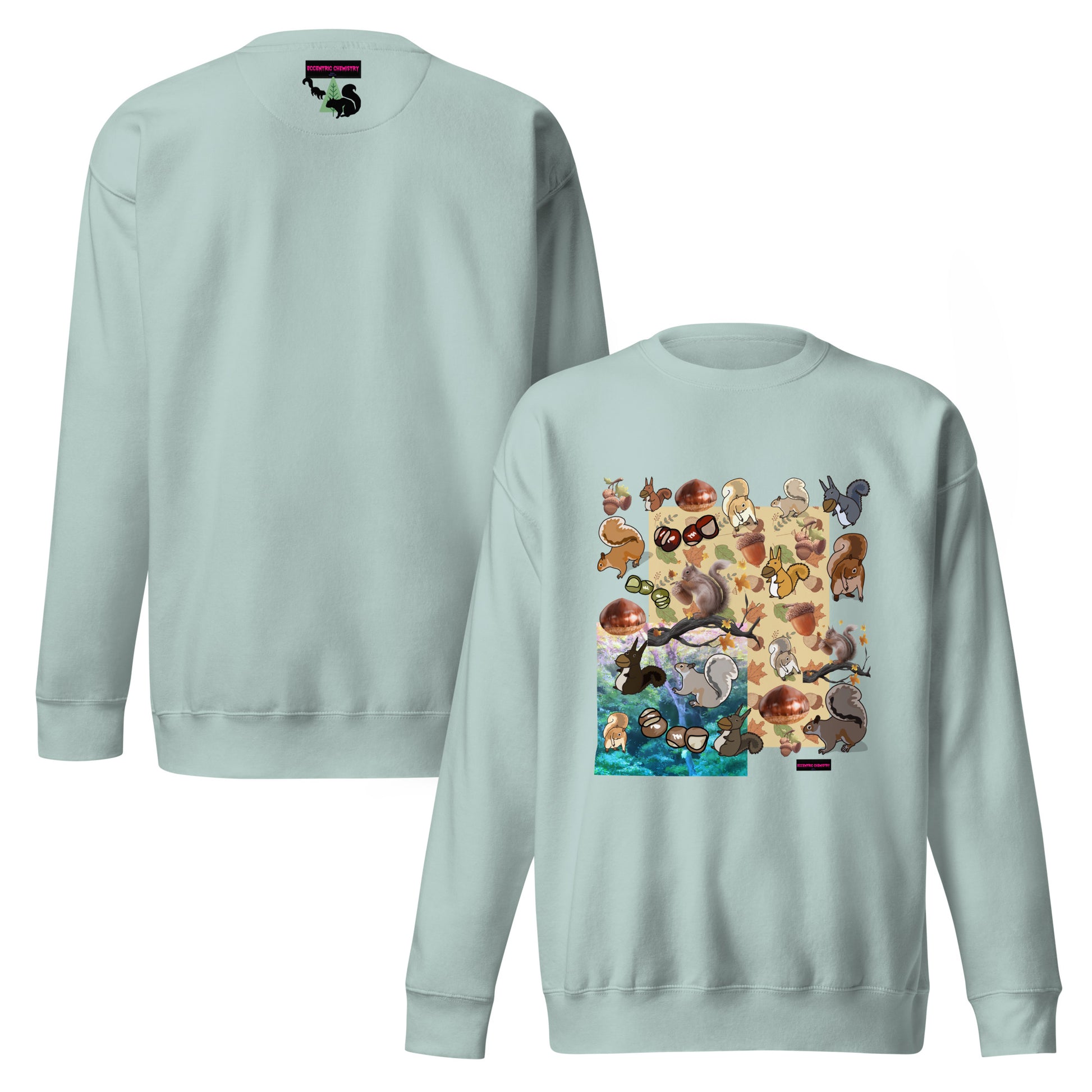 Unisex premium sweatshirt featuring a flying squirrel design on front and back, by Eccentric Chemistry's Laboratory of Strange & Stylish Things.
