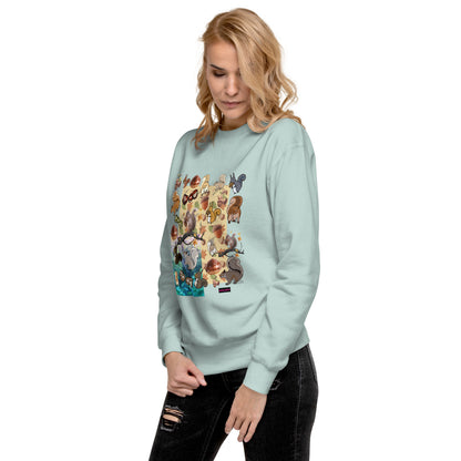 Unisex premium sweatshirt featuring a flying squirrel and velocity experiment design in vibrant colors, from Eccentric Chemistry.