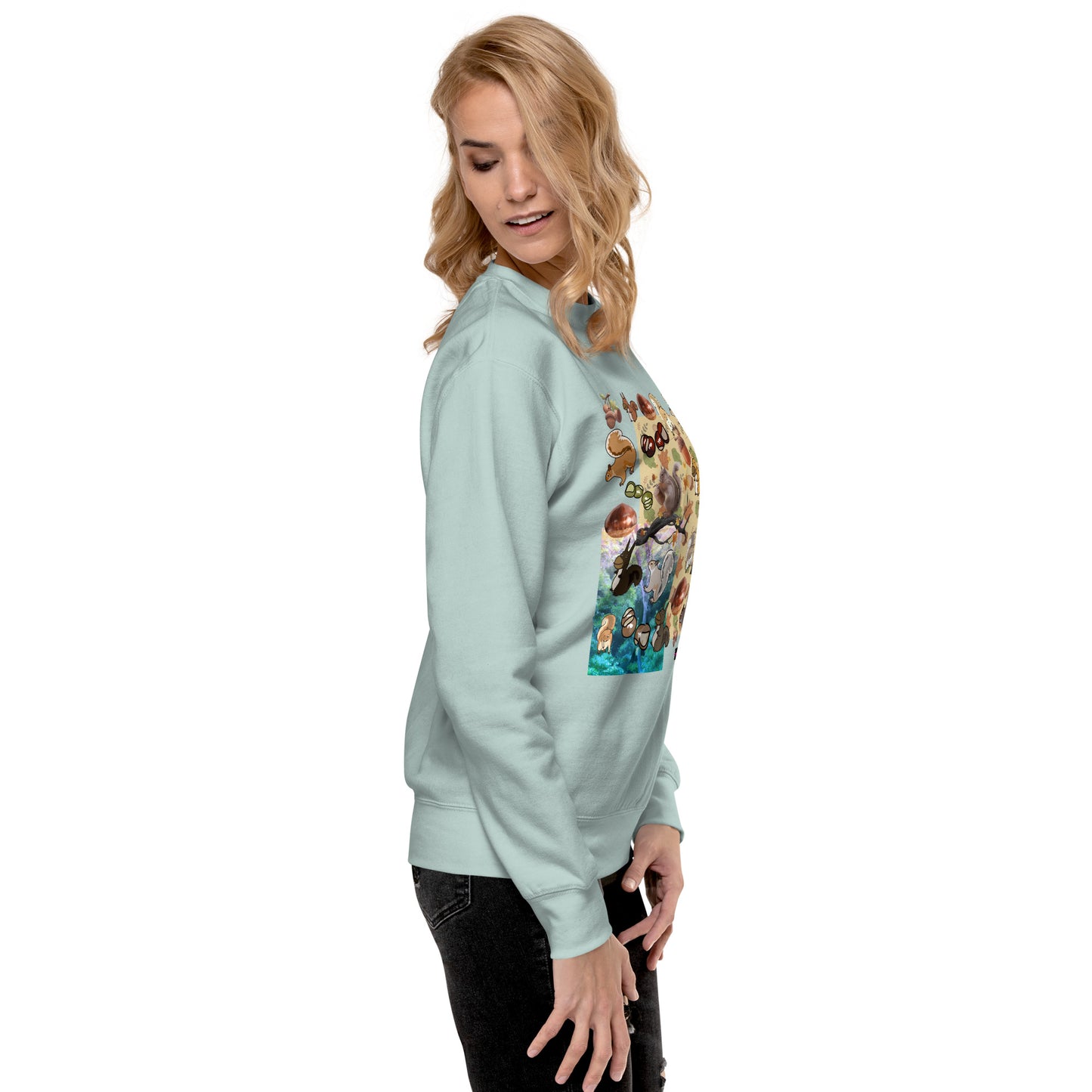 Unisex premium sweatshirt with flying squirrel graphic and velocity experiment design, in a stylish agave color.