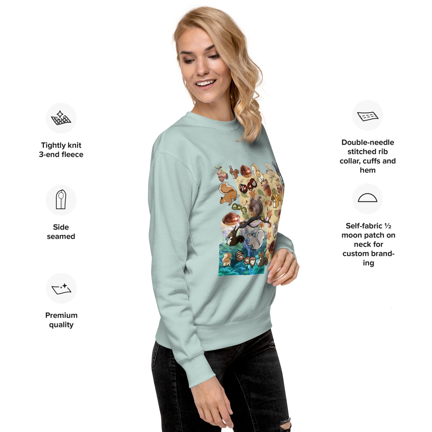 Unisex premium sweatshirt featuring a flying squirrel design from Eccentric Chemistry’s Velocity Experiment collection, right front view.
