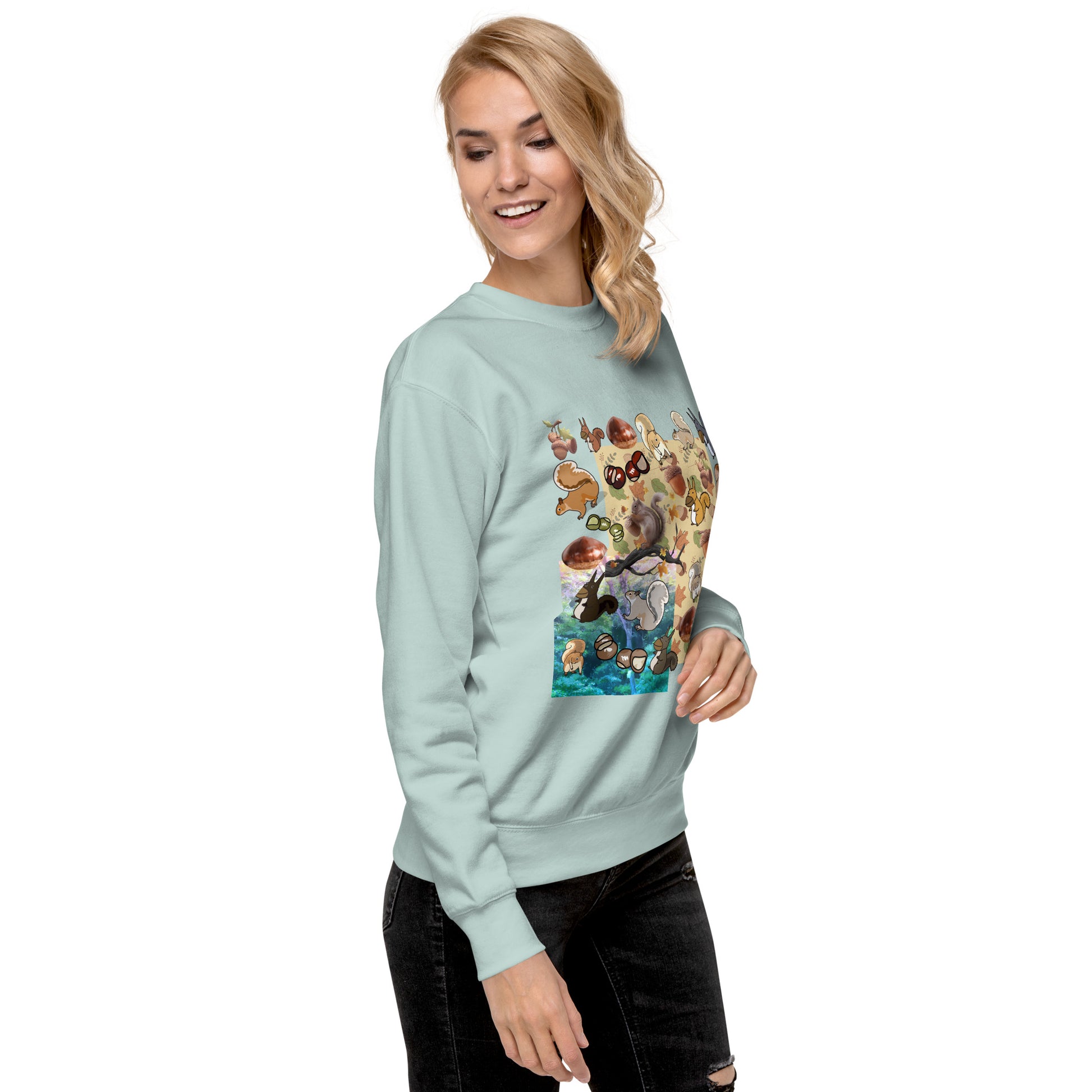 Unisex premium sweatshirt featuring a Flying Squirrel Velocity Experiment design in vibrant colors, displayed from the right front angle.