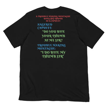 Unisex black Eco T-Shirt from Eccentric Chemistry’s Laboratory of Strange & Stylish Things, featuring a back view with thumb-biter experiment design.