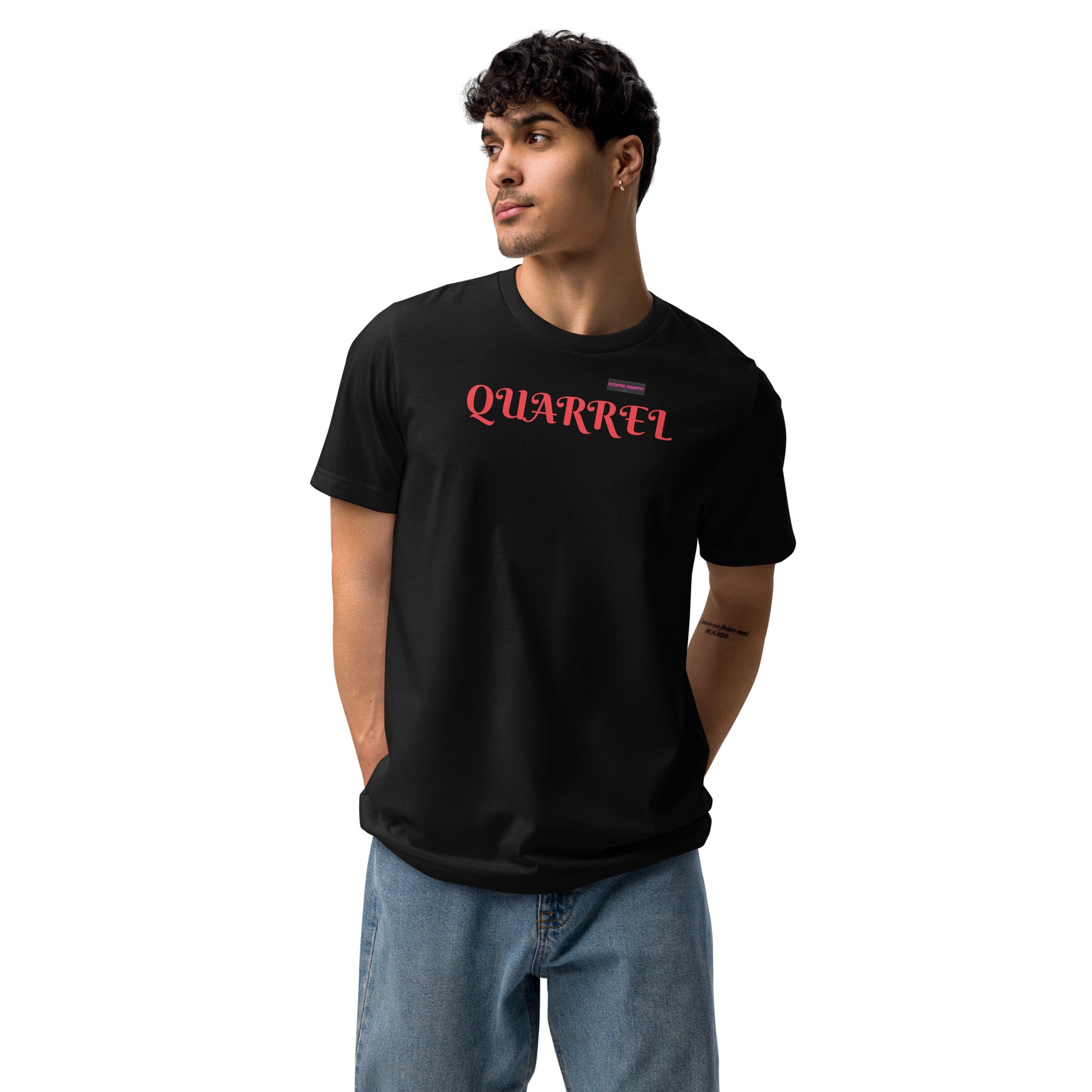 Unisex black eco T-shirt from Eccentric Chemistry’s Laboratory of Strange & Stylish Things, front view showing minimalist design.