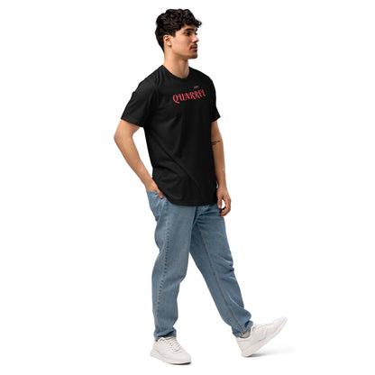 Unisex black Eco T-Shirt from Eccentric Chemistry’s Laboratory of Strange & Stylish Things, shown from right front view.