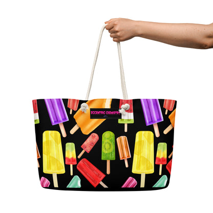 White oversized weekender bag by Eccentric Chemistry, perfect for summer travel, with front zipper and spacious design.