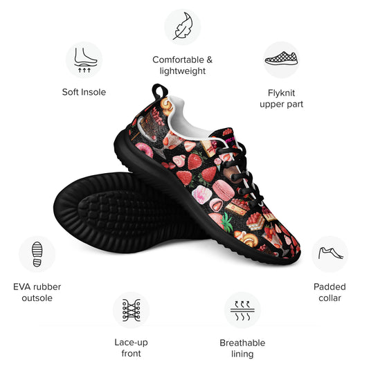 Women’s athletic shoes in black with berry harvest accents, designed for active wear, from Eccentric Chemistry’s stylish footwear collection.