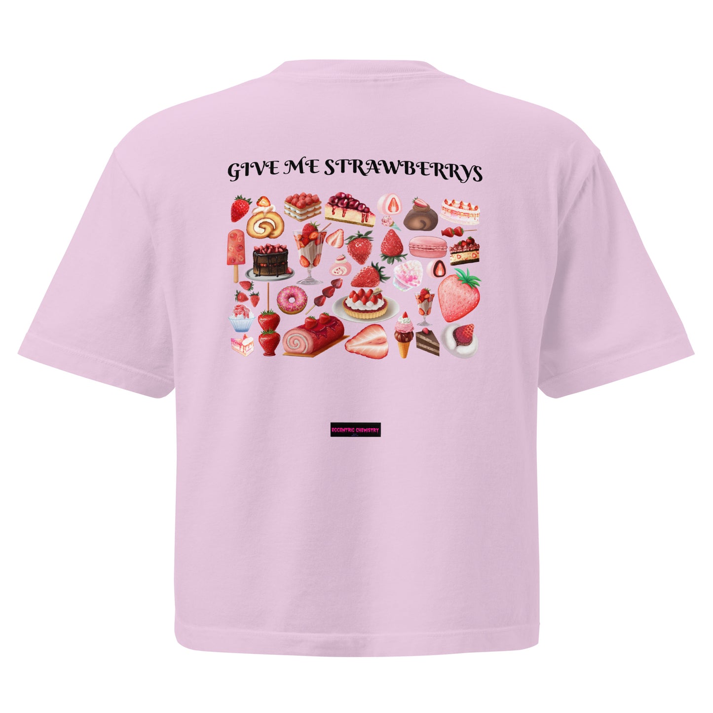 Unisex boxy T-shirt from Eccentric Chemistry with a strawberry dream experiment design, shown from the back in orchid color.