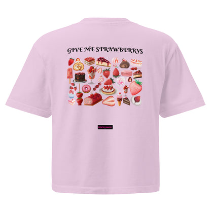 Unisex boxy T-shirt from Eccentric Chemistry with a strawberry dream experiment design, shown from the back in orchid color.