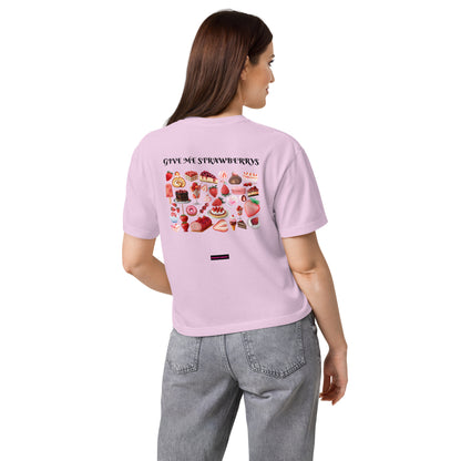 Unisex boxy T-shirt with strawberry dream experiment design in orchid color by Eccentric Chemistry's Laboratory of Strange & Stylish Things.