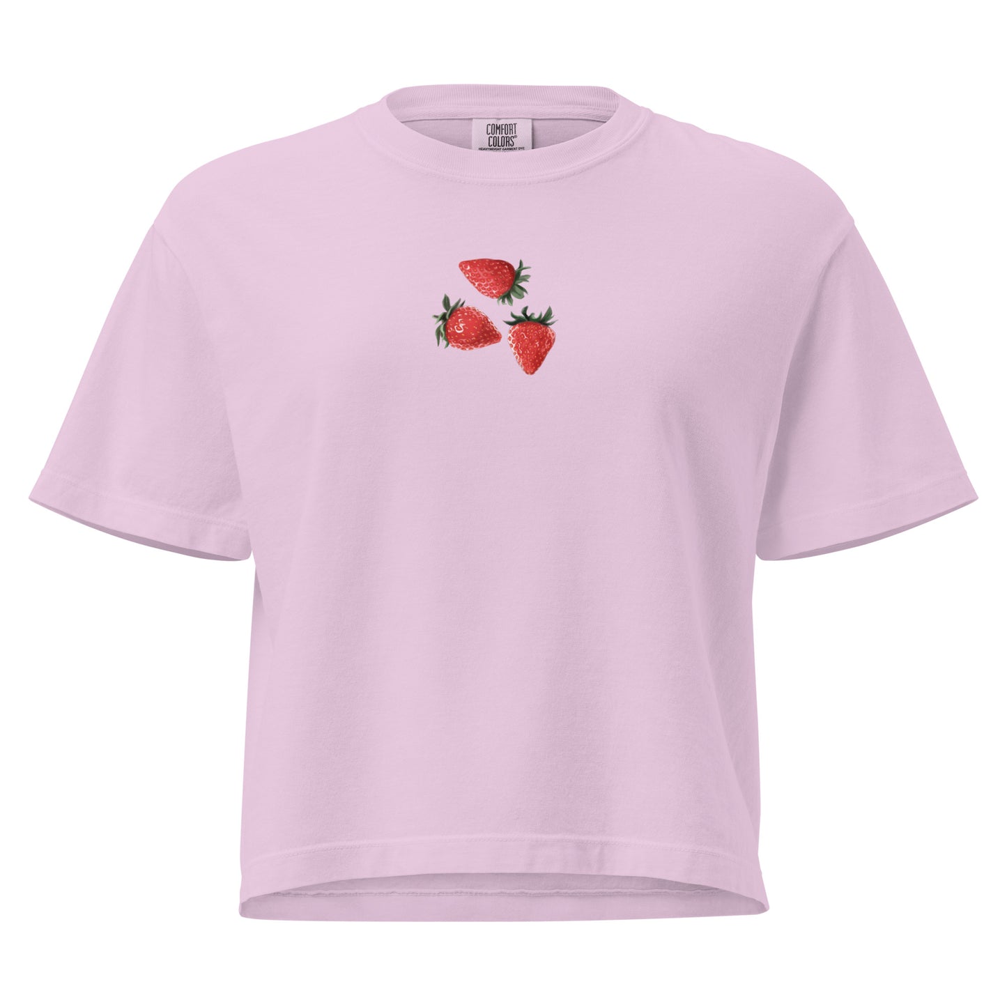 Unisex boxy T-shirt with strawberry dream design in orchid color, from Eccentric Chemistry’s Laboratory of Strange & Stylish Things.