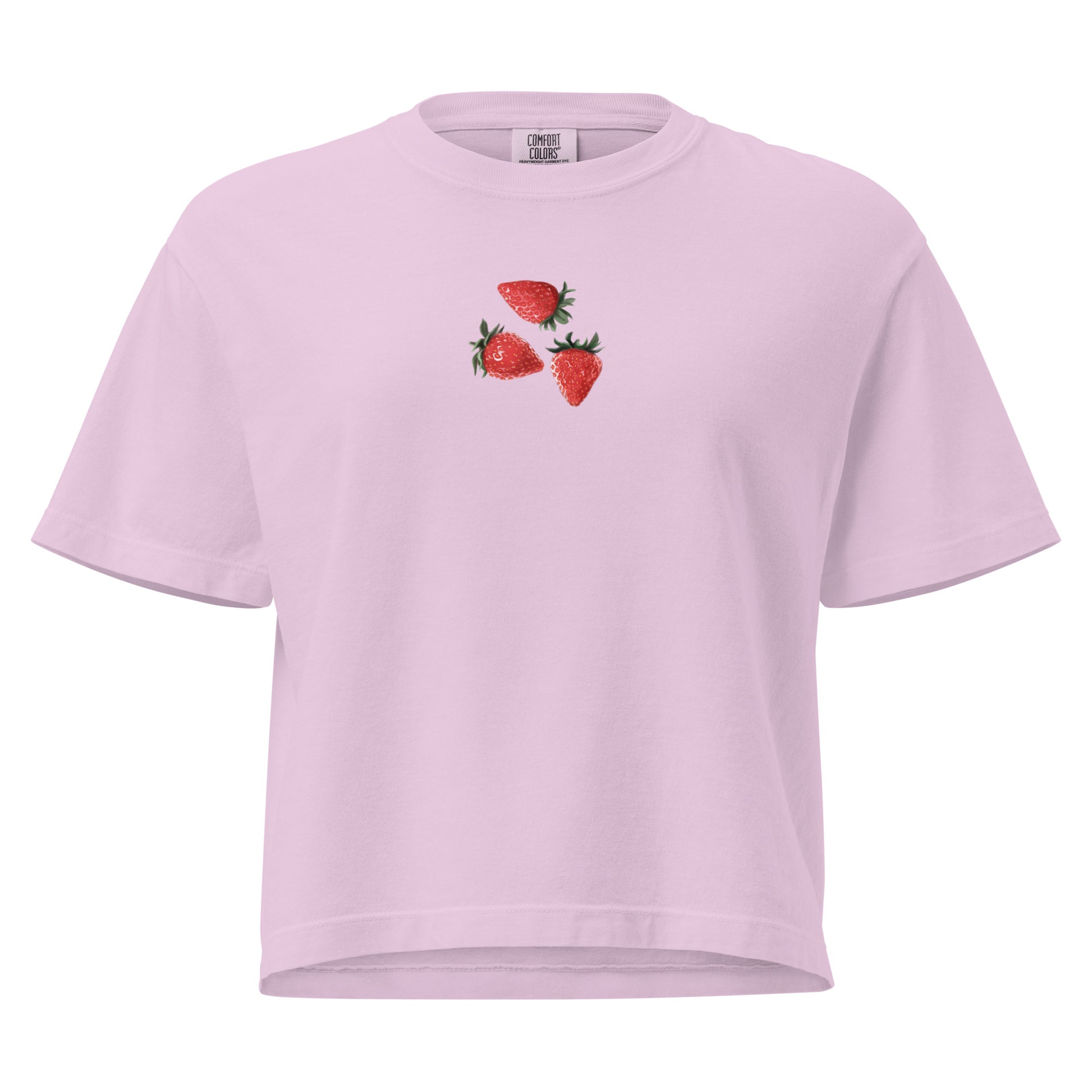 Unisex boxy T-shirt with strawberry dream design in orchid color, from Eccentric Chemistry’s Laboratory of Strange & Stylish Things.