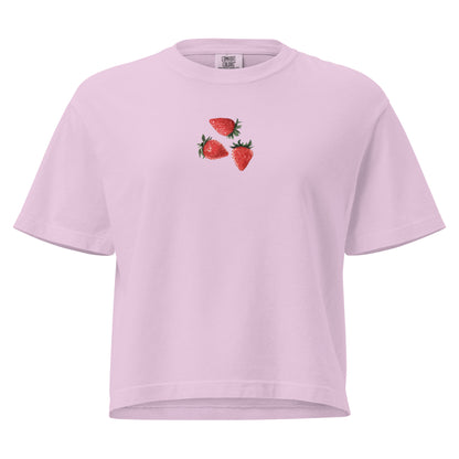 Unisex boxy T-shirt with strawberry dream design in orchid color, from Eccentric Chemistry’s Laboratory of Strange & Stylish Things.