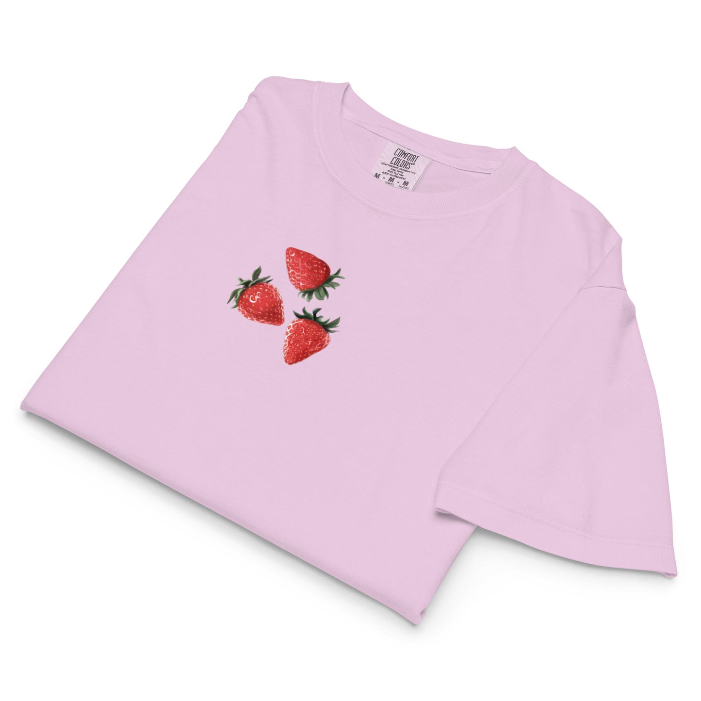 Unisex Strawberry Dream Experiment boxy T-shirt by Eccentric Chemistry featuring a front orchid-colored design on heavyweight cotton.