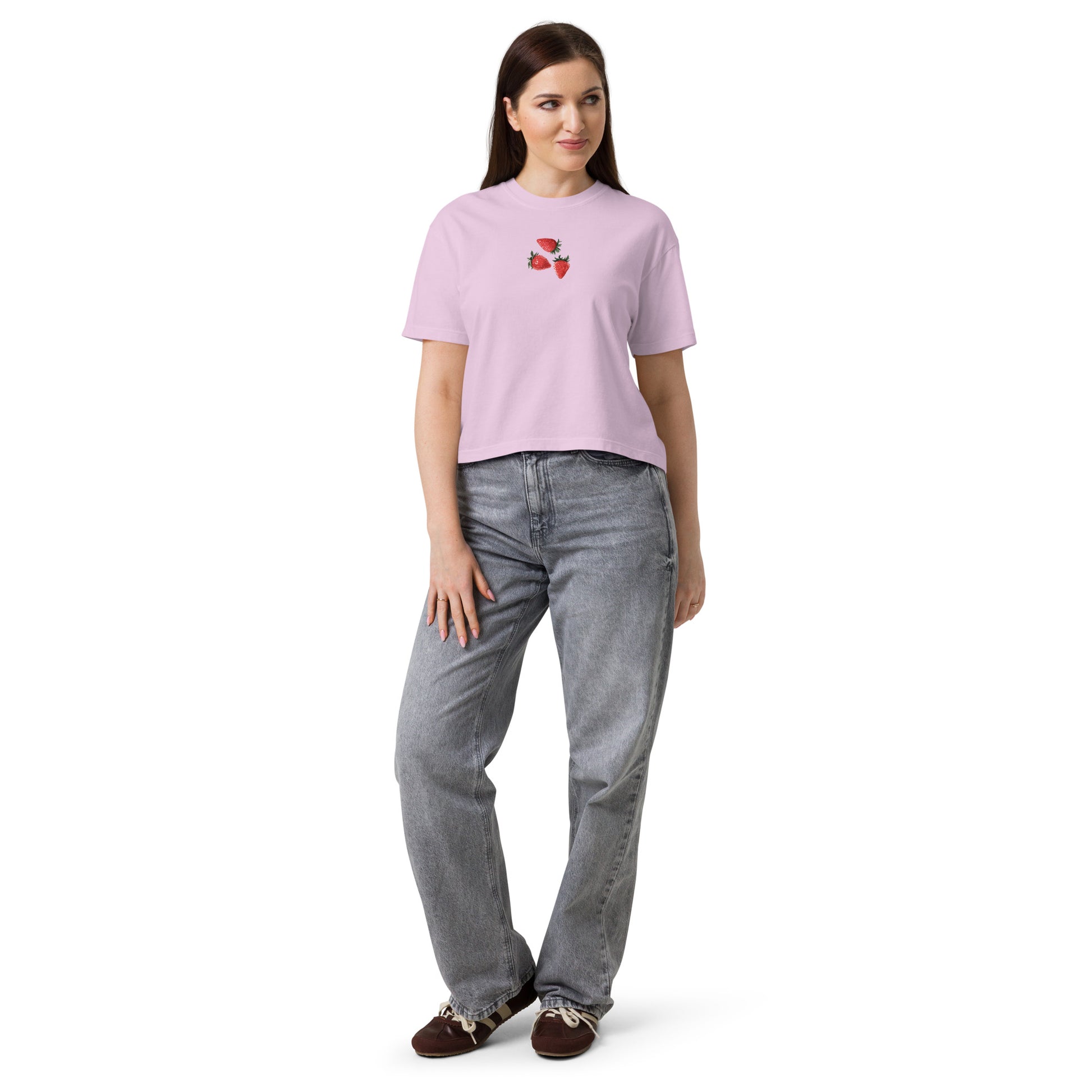 Unisex boxy T-shirt from Eccentric Chemistry with a strawberry dream experiment design in orchid color, front view.