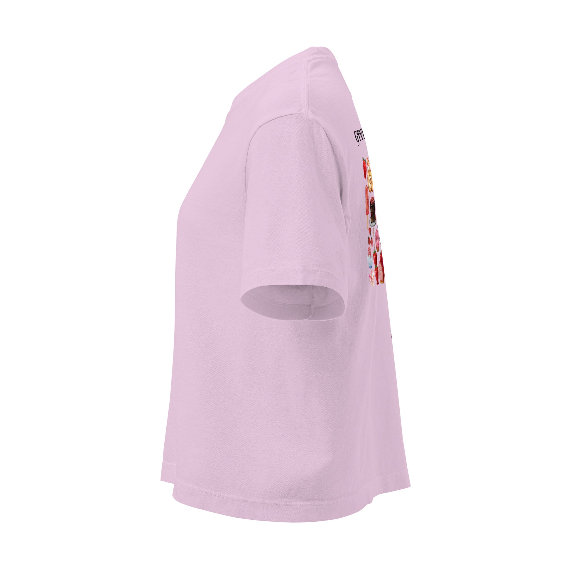Unisex boxy T-shirt with strawberry dream print from Eccentric Chemistry's Laboratory of Strange & Stylish Things, in orchid color.
