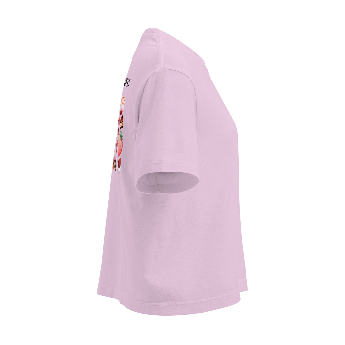 Unisex boxy T-shirt with strawberry dream print in orchid color, featuring bold, stylish design from Eccentric Chemistry Laboratory.