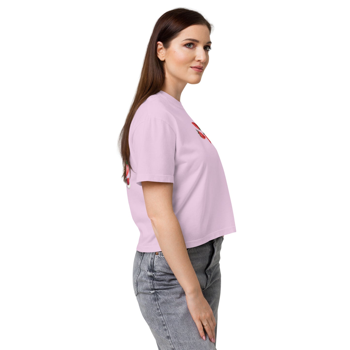 Unisex Boxy Tee Strawberry Dream Experiment by Eccentric Chemistry, women’s heavyweight orchid-colored T-shirt with a relaxed fit.