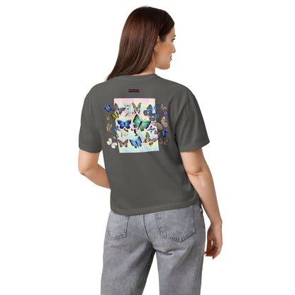Women’s heavyweight boxy T-shirt by Eccentric Chemistry with winged serenity print, shown from the back in black.