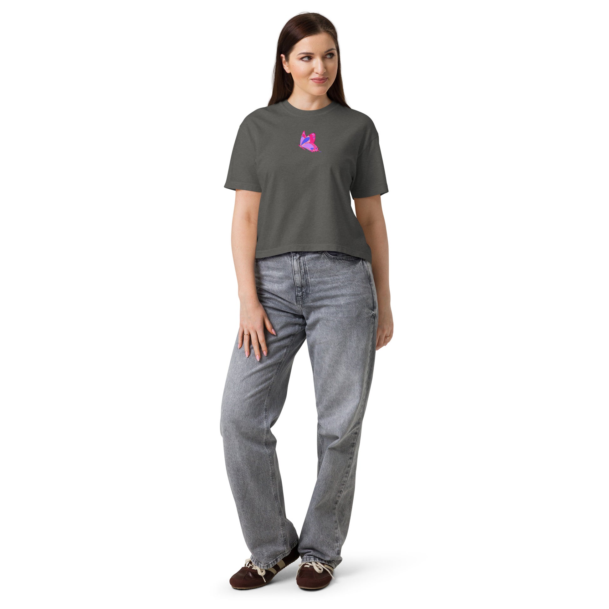 Women’s heavyweight boxy T-shirt by Eccentric Chemistry featuring a front winged serenity design in pepper color.