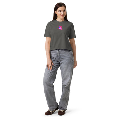 Women’s heavyweight boxy T-shirt by Eccentric Chemistry featuring a front winged serenity design in pepper color.