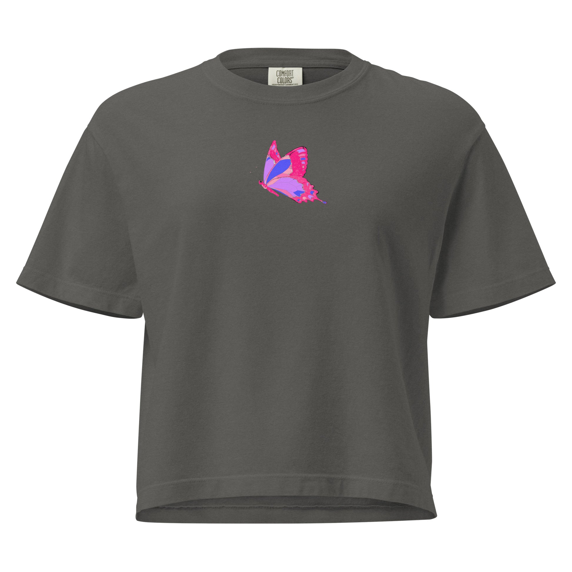 Women’s heavyweight boxy T-shirt from Eccentric Chemistry with winged serenity design, featuring a front view in pepper color.