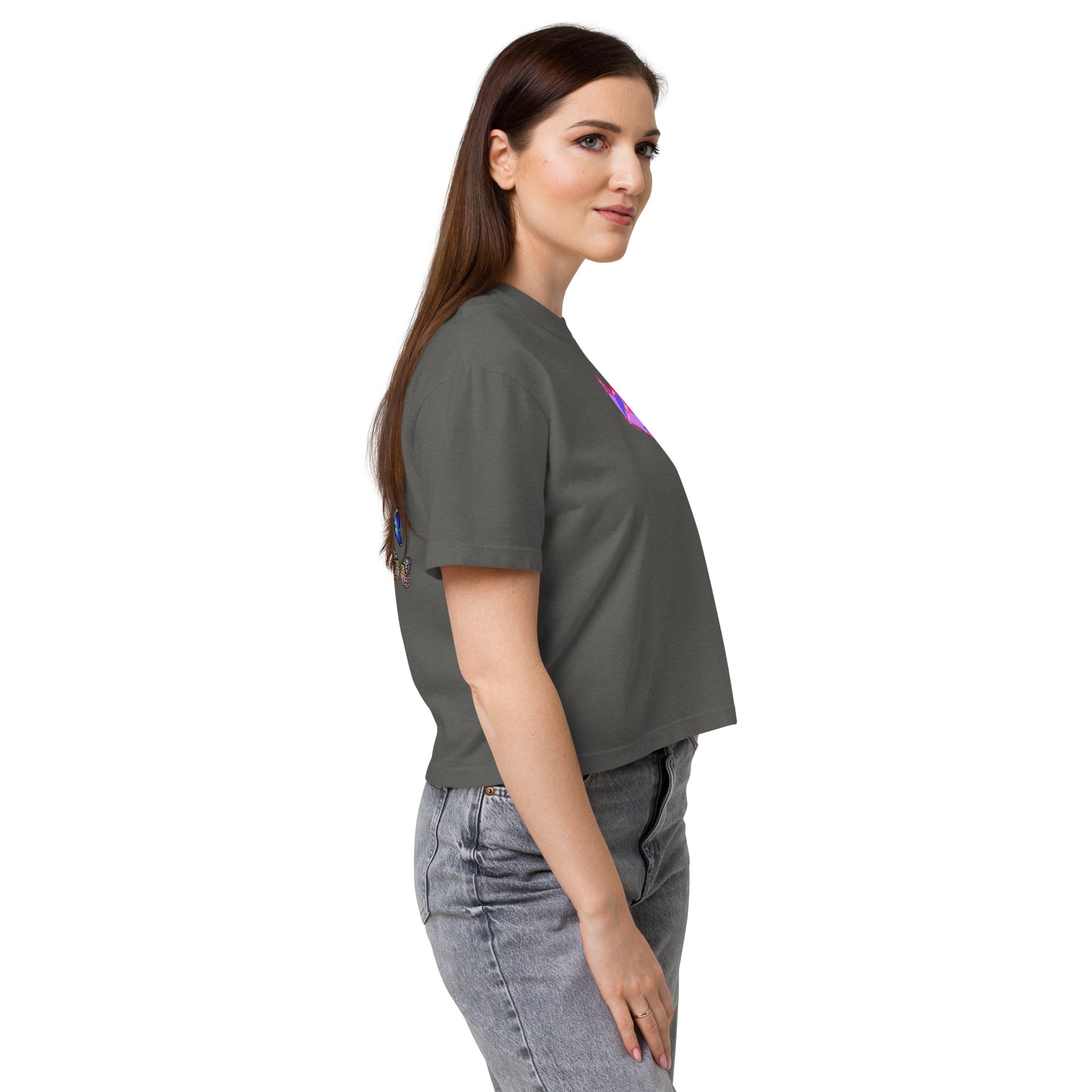 Women's heavyweight boxy T-shirt from Eccentric Chemistry's Winged Serenity Experiment with a pepper design on the right side.