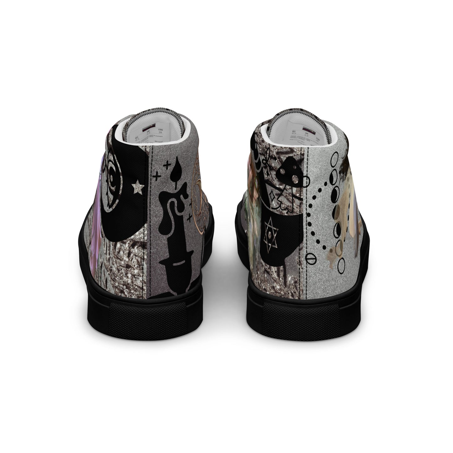 Black women's high-top canvas shoes with shadow goddess experiment design from Eccentric Chemistry's Tiny Shop of T-Shirt Horrors.