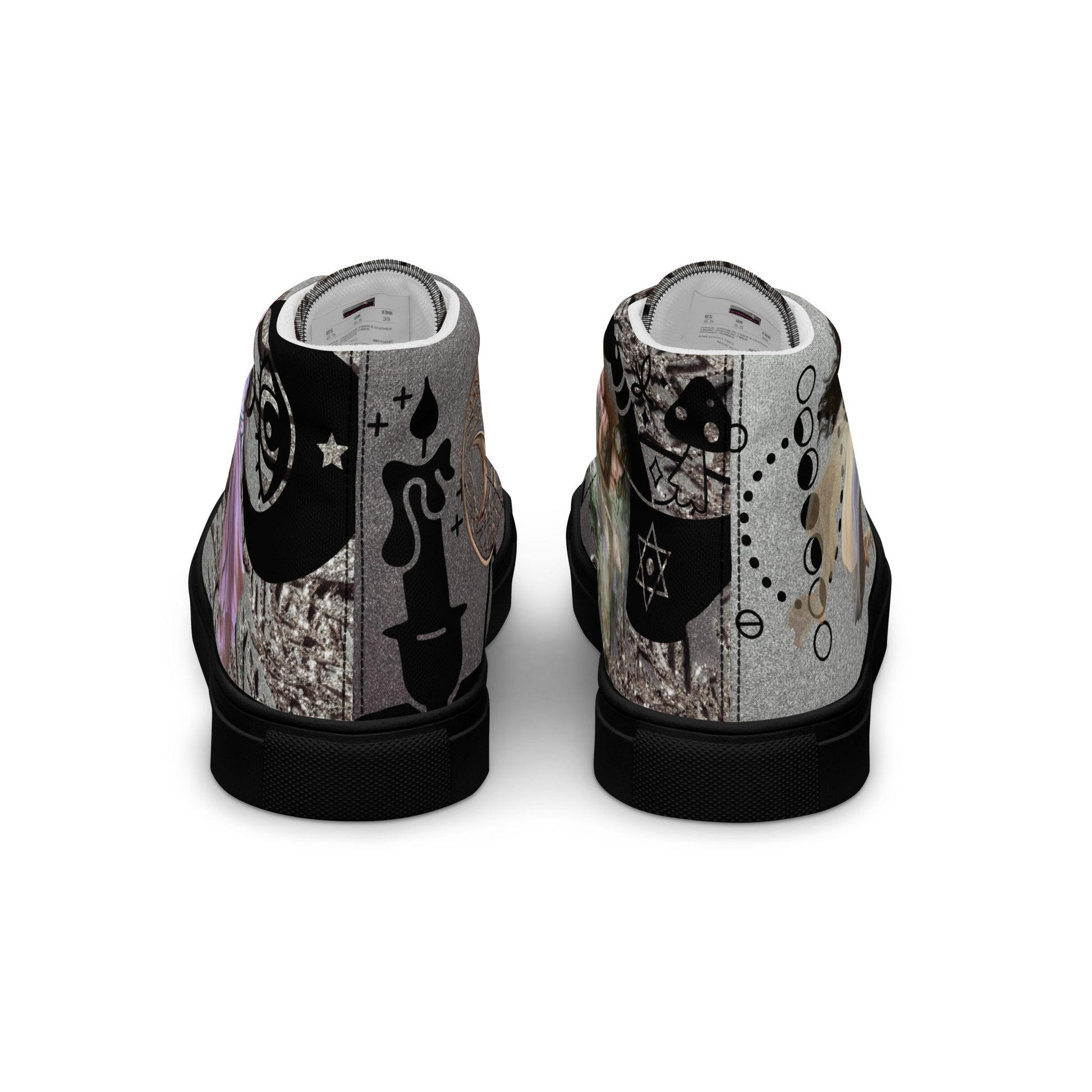 Black women's high-top canvas shoes with shadow goddess experiment design from Eccentric Chemistry's Tiny Shop of T-Shirt Horrors.