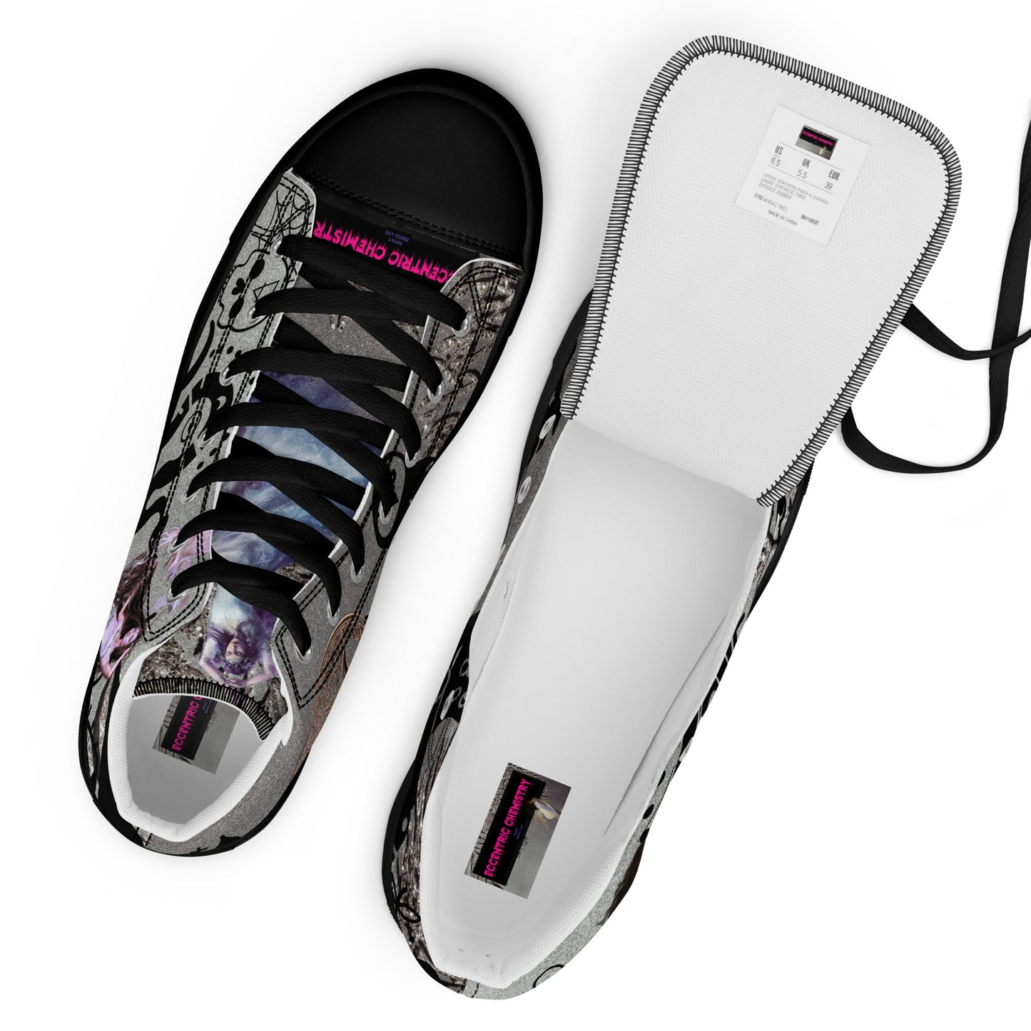 Black women's high-top canvas shoes with branding details from Eccentric Chemistry's Shadow Goddess Experiment collection.