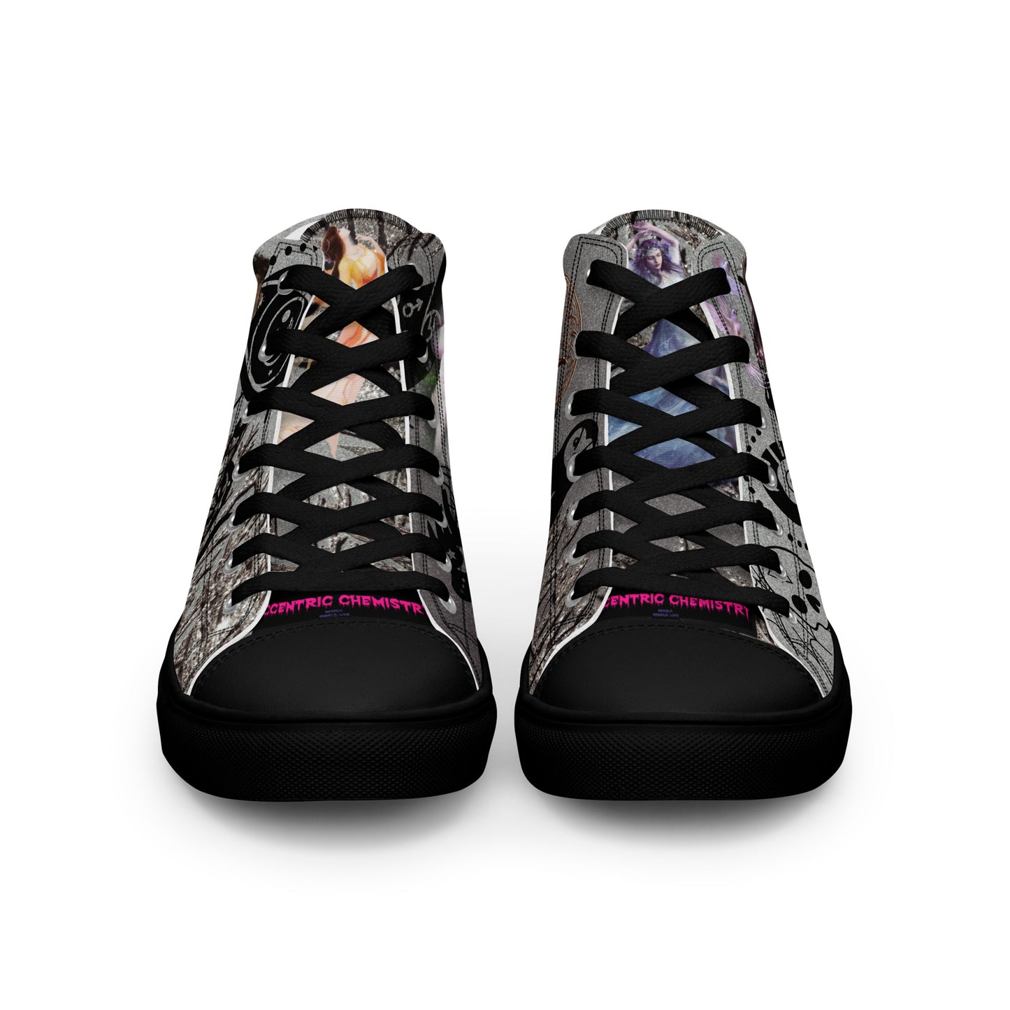 Black women's high-top canvas shoes with shadow goddess design from Eccentric Chemistry's Tiny Shop of T-Shirt Horrors.