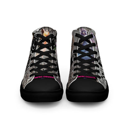 Black women's high-top canvas shoes with shadow goddess design from Eccentric Chemistry's Tiny Shop of T-Shirt Horrors.
