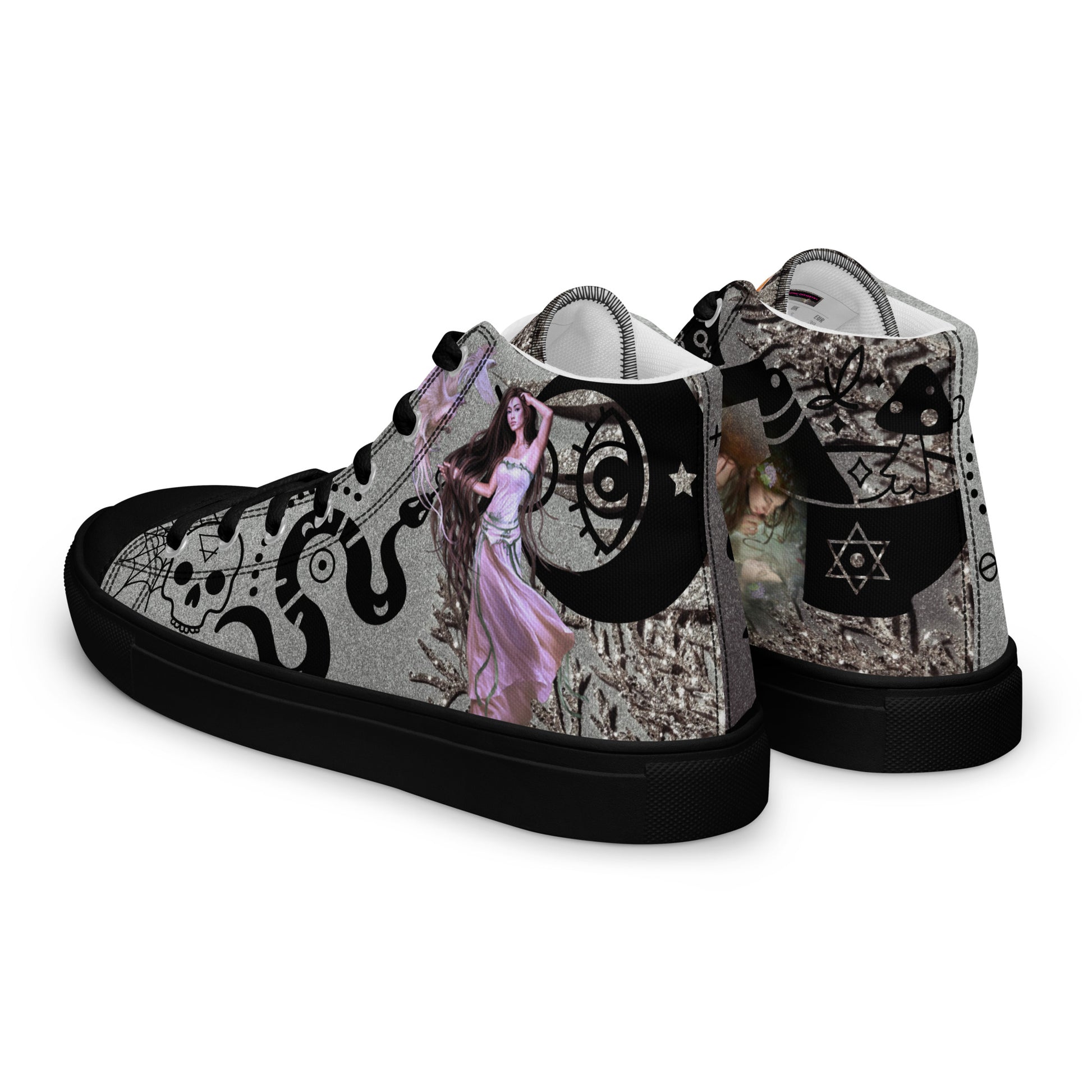 Black women's high-top canvas shoes featuring Shadow Goddess Experiment design, shown from the back left angle.