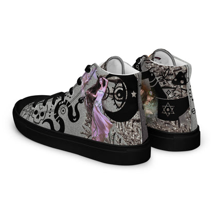Black women's high-top canvas shoes featuring Shadow Goddess Experiment design, shown from the back left angle.