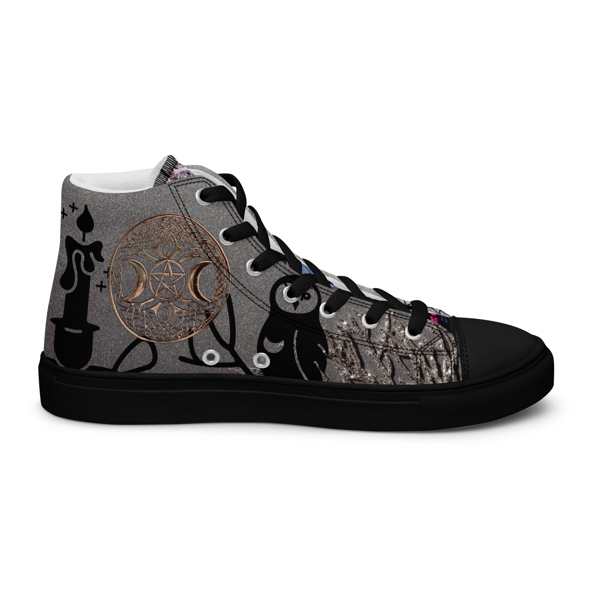 Black women's high-top canvas shoes from Eccentric Chemistry's Shadow Goddess Experiment collection, showing the left inside view.