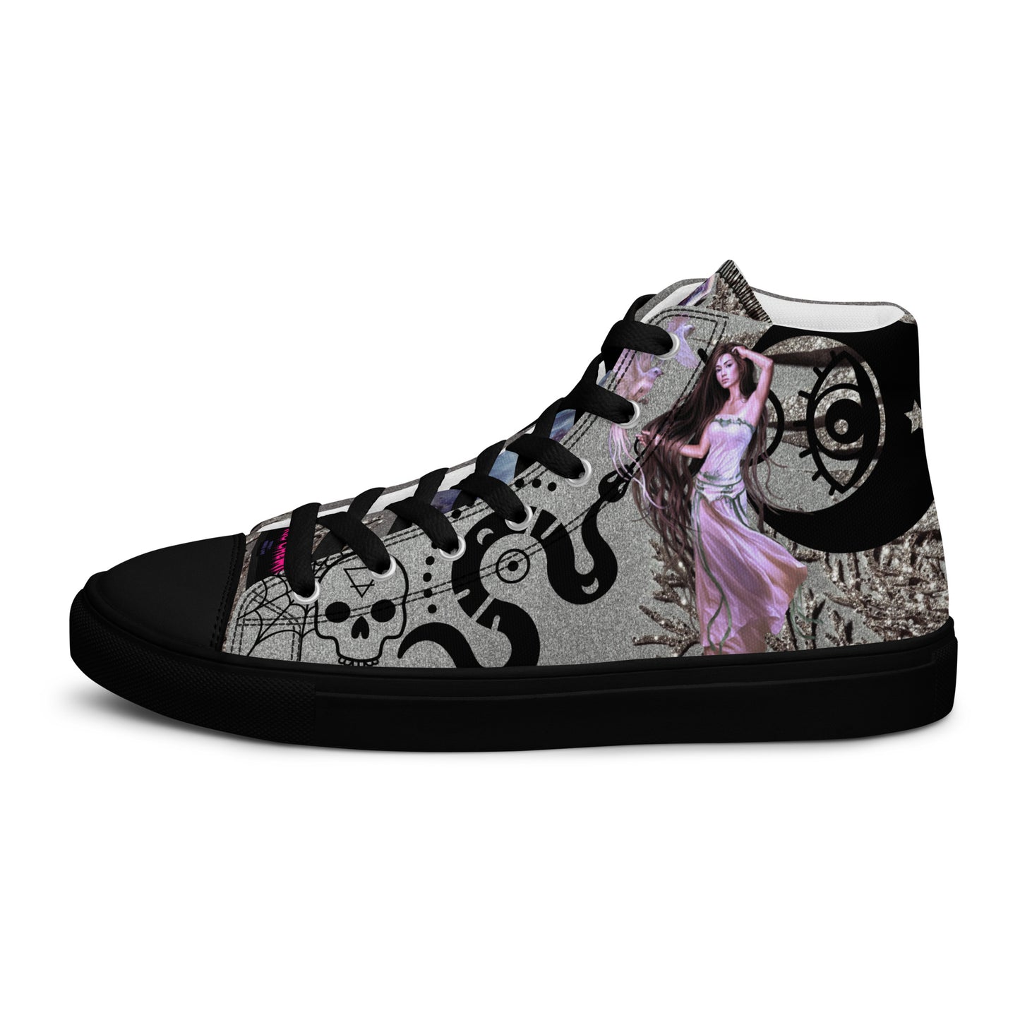 Black women's high-top canvas shoes from Eccentric Chemistry's Shadow Goddess Experiment collection, showing the left outside view.