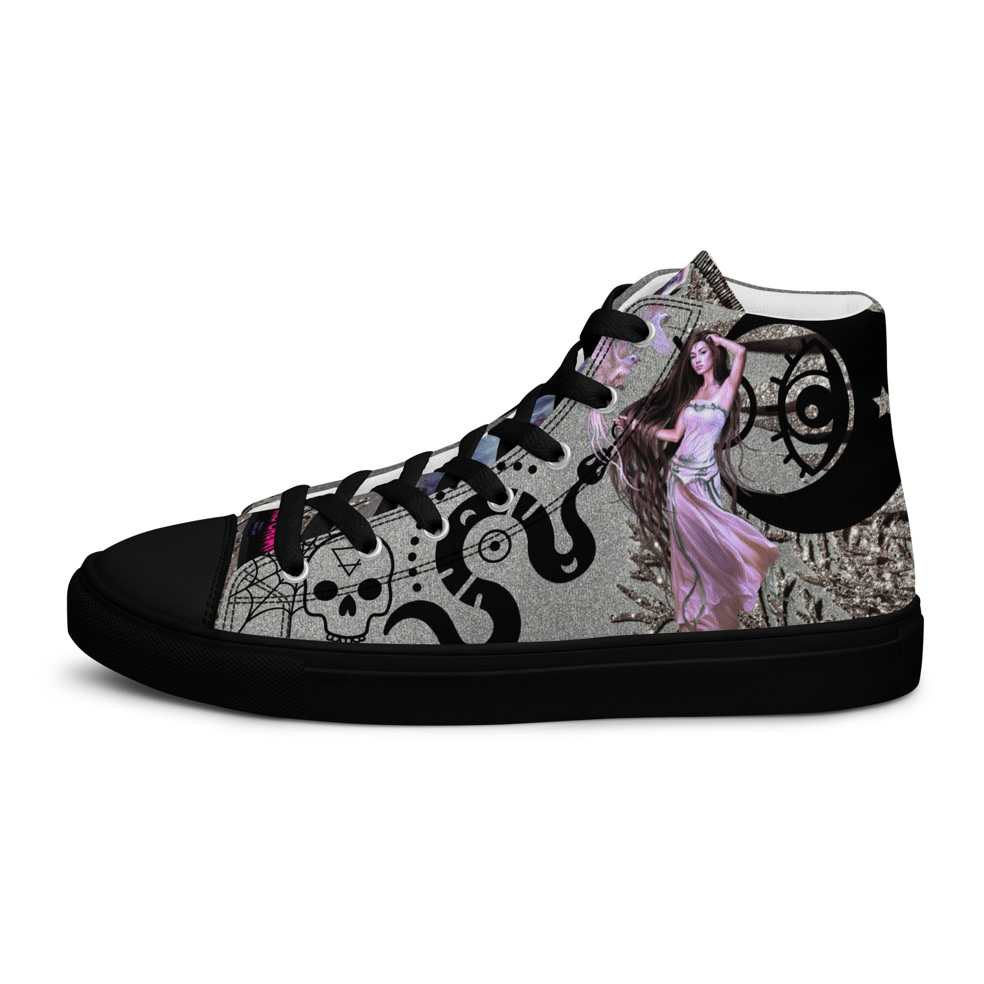 Black women's high-top canvas shoes from Eccentric Chemistry's Shadow Goddess Experiment collection, showing the left outside view.