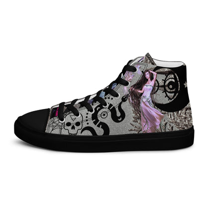 Black women's high-top canvas shoes from Eccentric Chemistry's Shadow Goddess Experiment collection, showing the left outside view.