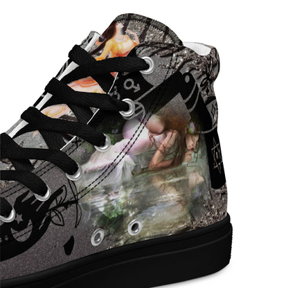 Black women’s high-top canvas shoes with shadow goddess design from Eccentric Chemistry’s Tiny Shop of T-Shirt Horrors.