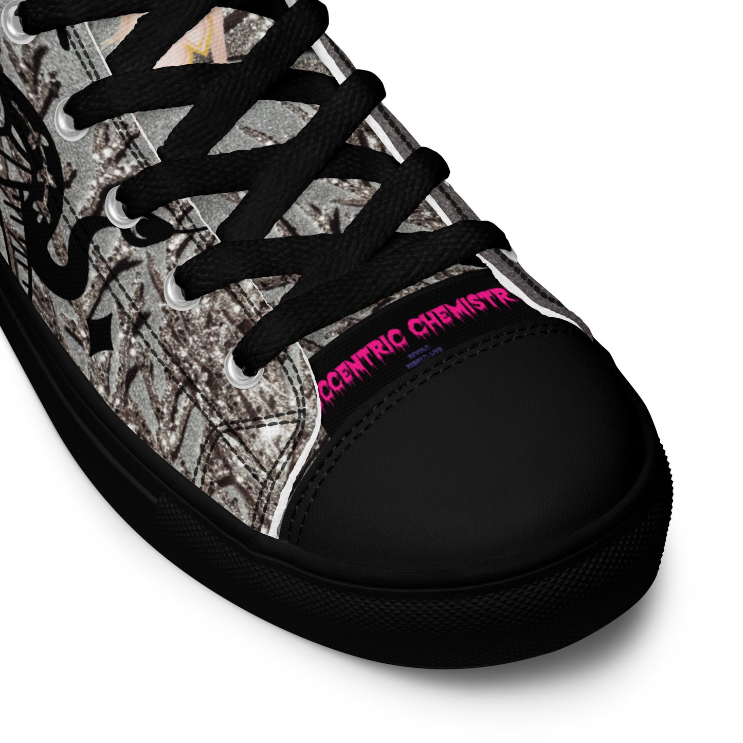 Black women’s high-top canvas shoes featuring shadow goddess design by Eccentric Chemistry's Tiny Shop of T-Shirt Horrors.
