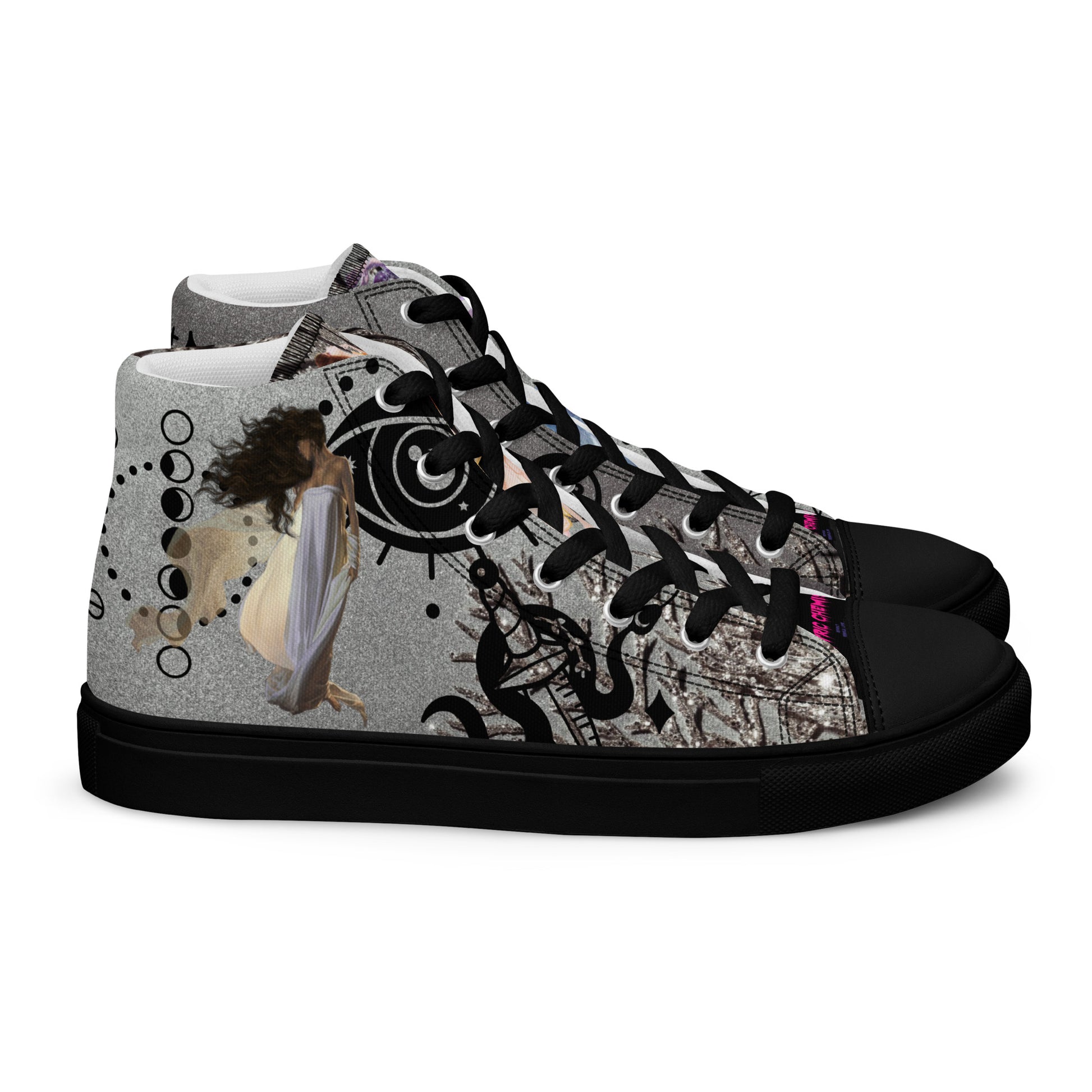 Black women's high-top canvas shoes from Eccentric Chemistry's Shadow Goddess Experiment collection, shown from the right side.