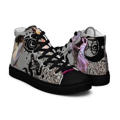 Black women's high-top canvas shoes with shadow goddess design, featuring laced-up style and rubber soles.