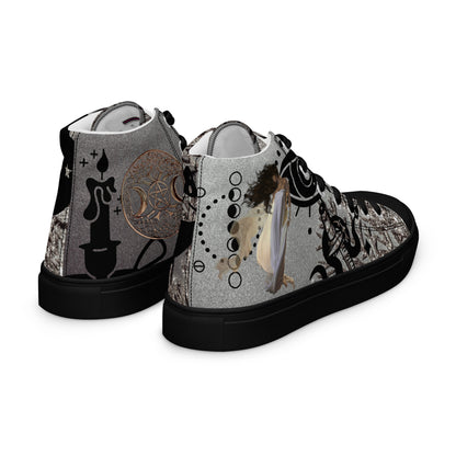 Black women's high-top canvas shoes with shadow goddess design, viewed from the back. Eccentric Chemistry's Tiny Shop of T-Shirt Horrors.