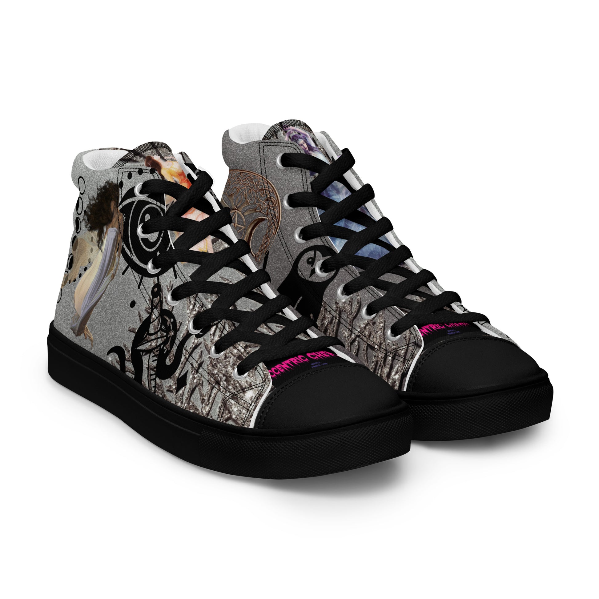 Black women’s high-top canvas shoes from Eccentric Chemistry's Shadow Goddess Experiment, showing the right front view.