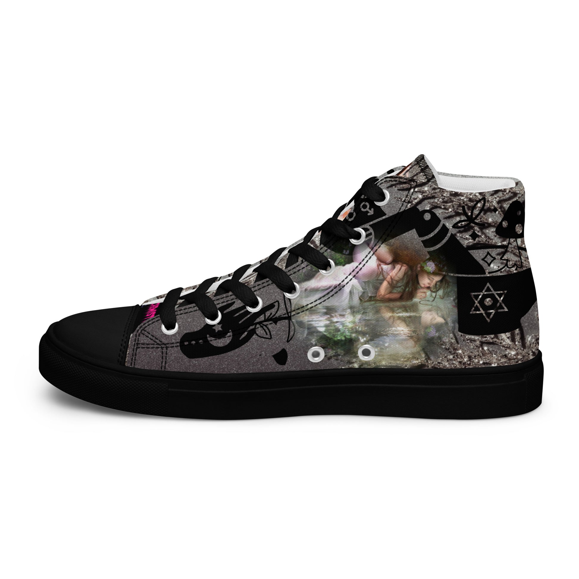 Black women's high-top canvas shoes from Eccentric Chemistry's Shadow Goddess Experiment collection, showing the right inside view.