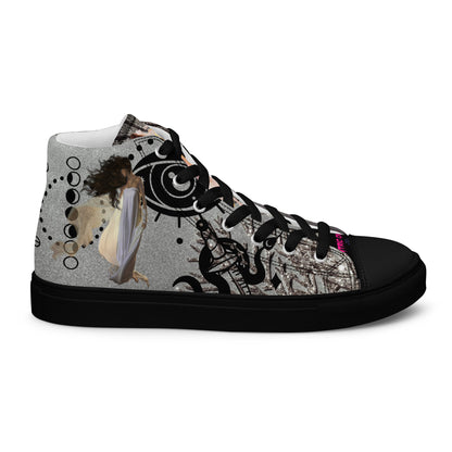 Black women's high-top canvas shoes from Eccentric Chemistry's Shadow Goddess Experiment collection, shown from the right outside angle.