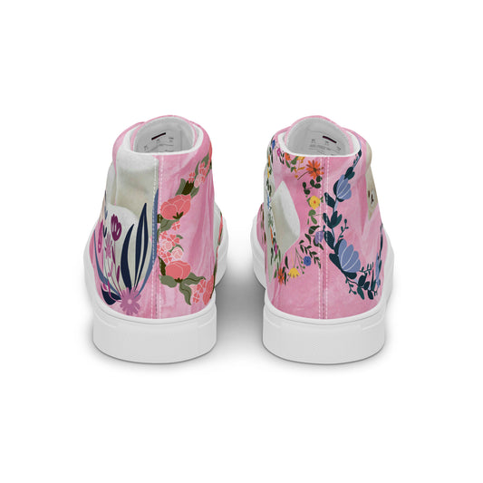 Women's high-top canvas shoes in pink with marshmallow and Joy Experiment design, featuring a white back and colorful graphics.