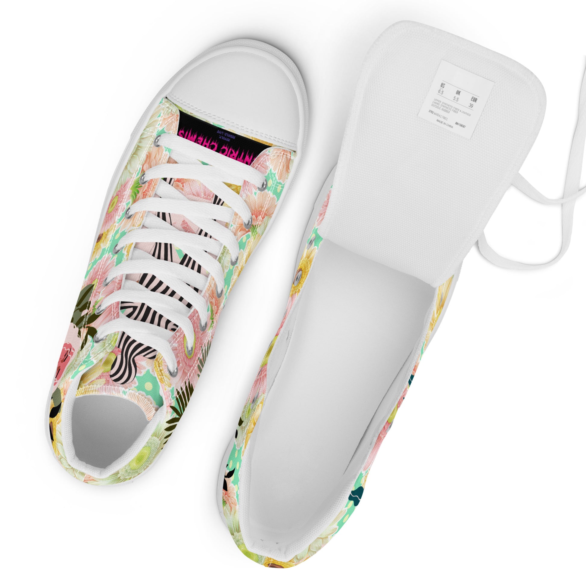 Women's white high-top canvas shoes from Eccentric Chemistry's Botanical Goddess Reactor Unit HT-4.0 Bloom-Core collection.