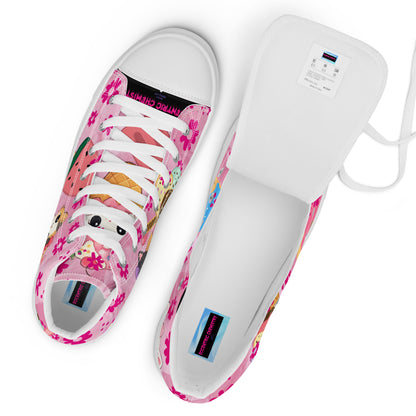 Women's high-top canvas shoes with sweet treat kitty design in white, featuring colorful branding details.